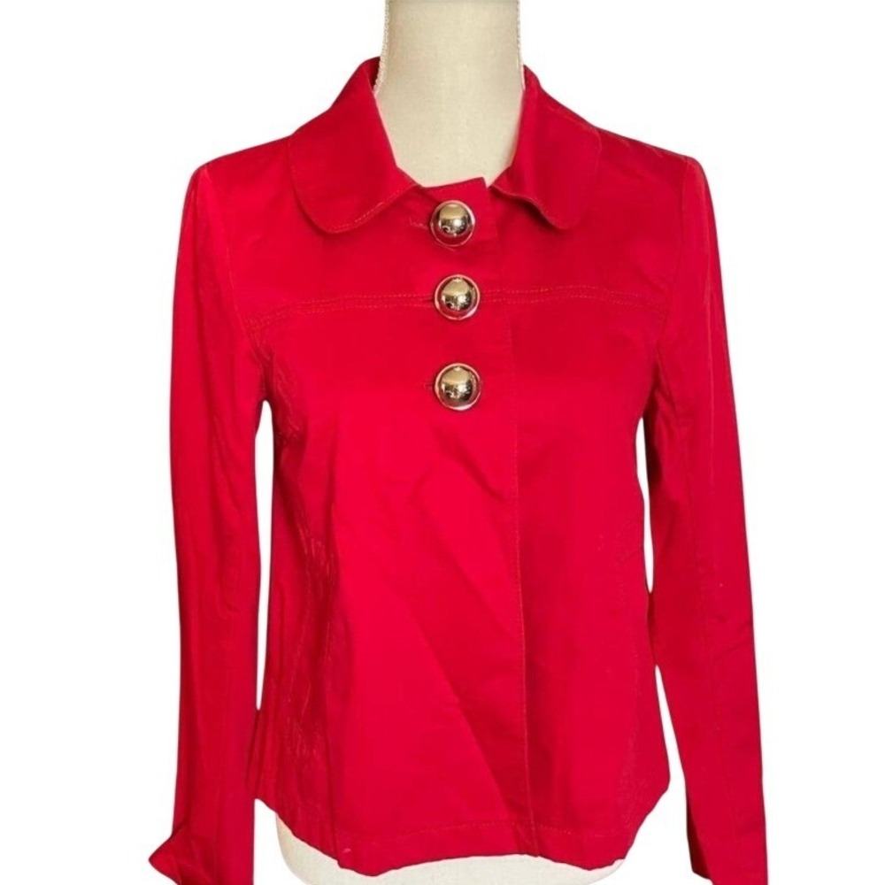 Ann Taylor Petites Red Cotton Jacket Gold Dome Buttons Peter Pan Collar XSP